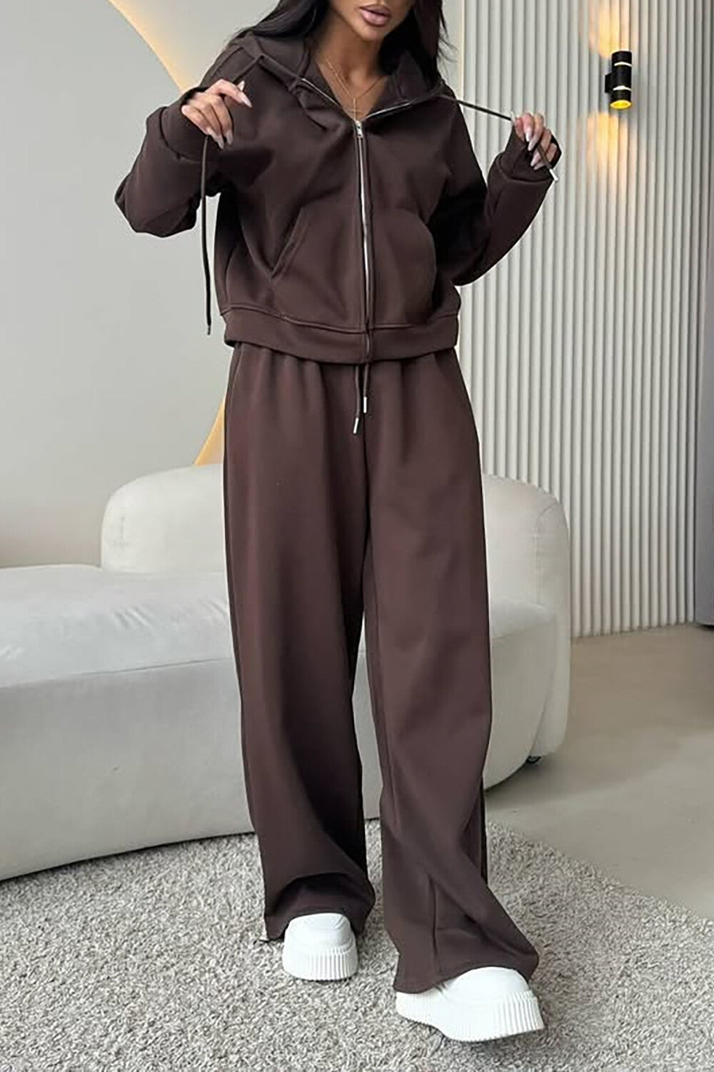 Zip-Up Hooded Track Jacket Solid Color Wide Leg Pants Matching Set-Pink