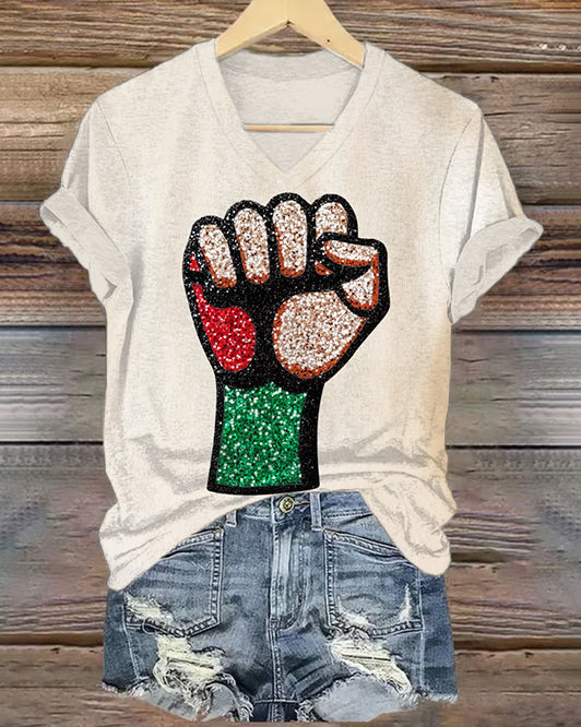 Black Power Fist Black History Month V Neck Short Sleeve Tshirt