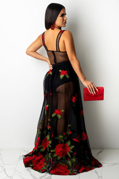 Embroidered Red Rose See Through Prom Maxi Dresses