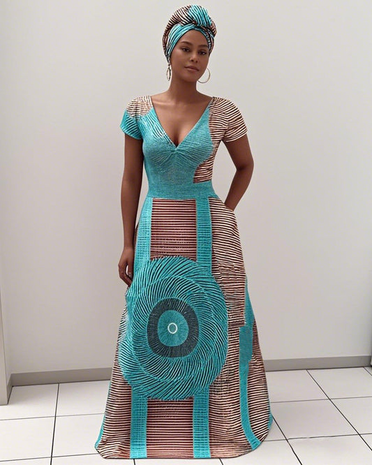 V Neck African Textured Geometric Print Short Sleeve Maxi Dress