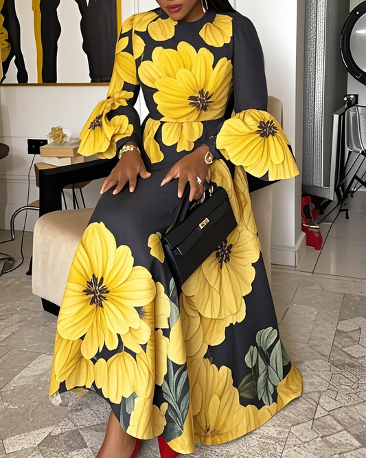 Women Fashion Elegant Formal Round Neck 3/4 Sleeves Floral Pattern Maxi Dress