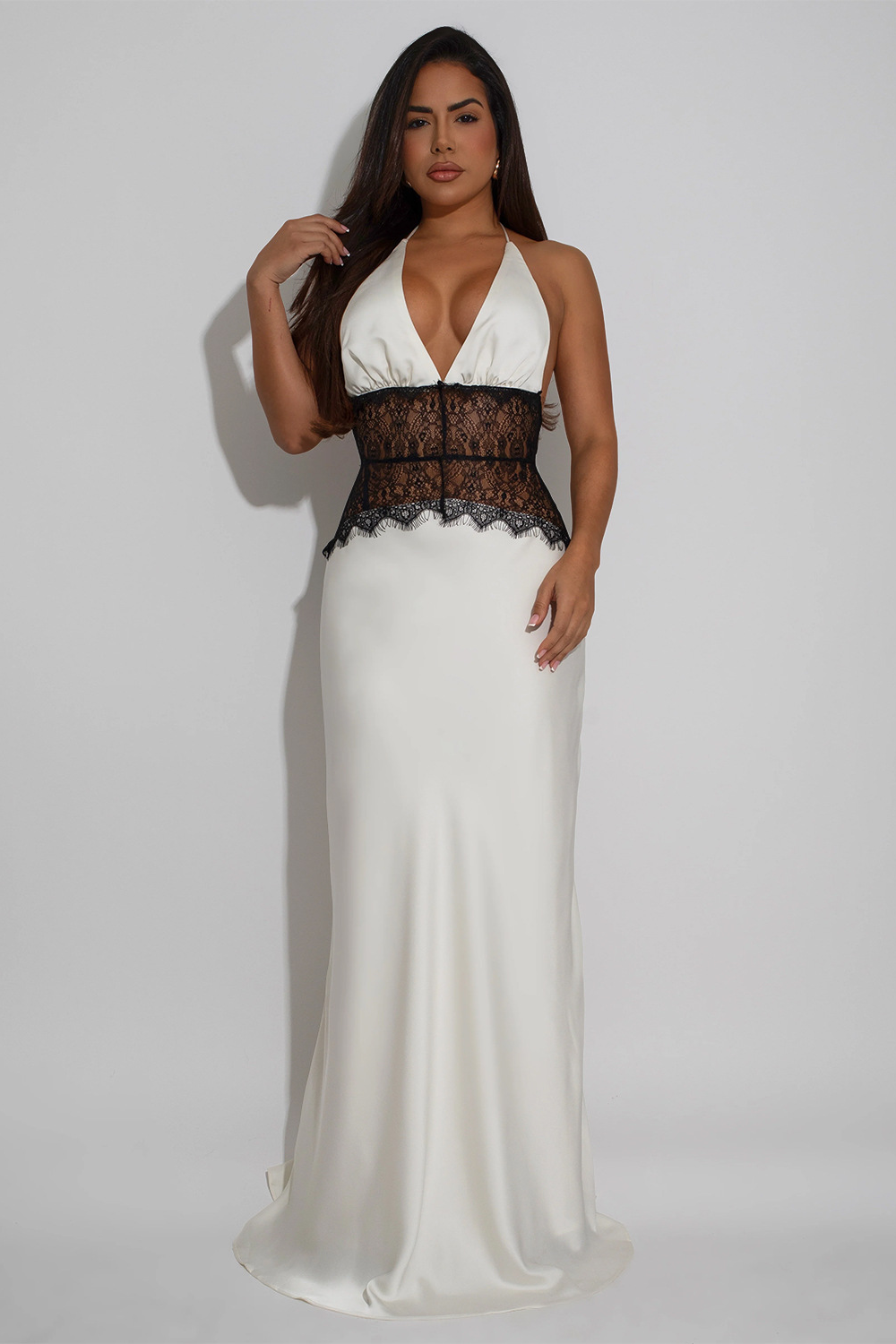 Lace Patchwork Deep V Neck Halter Satin Slim Fit Maxi Dresses-White