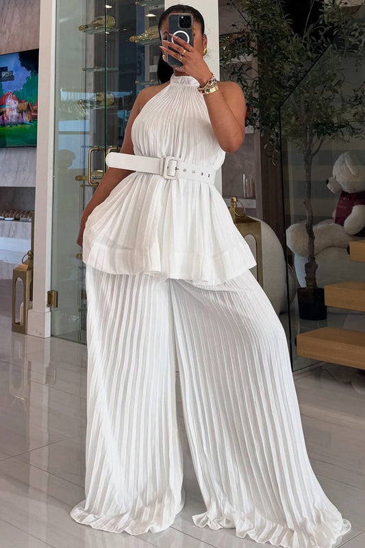 Pleated Halter Backless Top Ruffle Wide Leg Pants 2pcs Set-White [Pre Order]