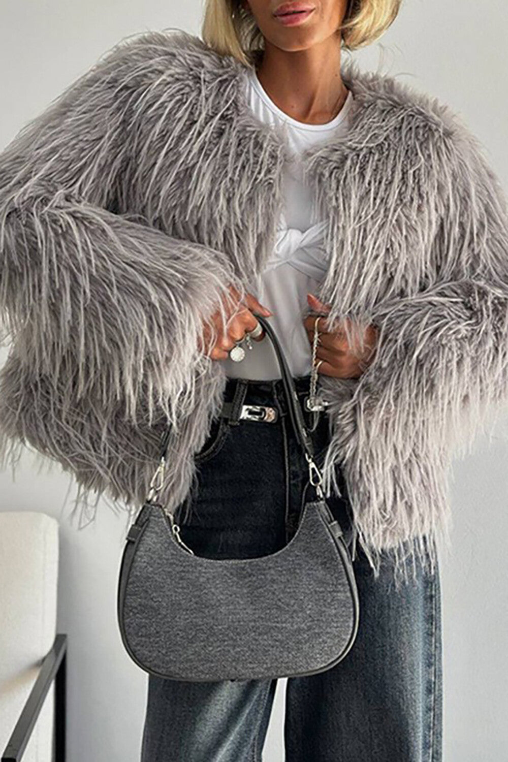 Faux Fur Round Neck Long Sleeve Solid Color Jacket-Grey