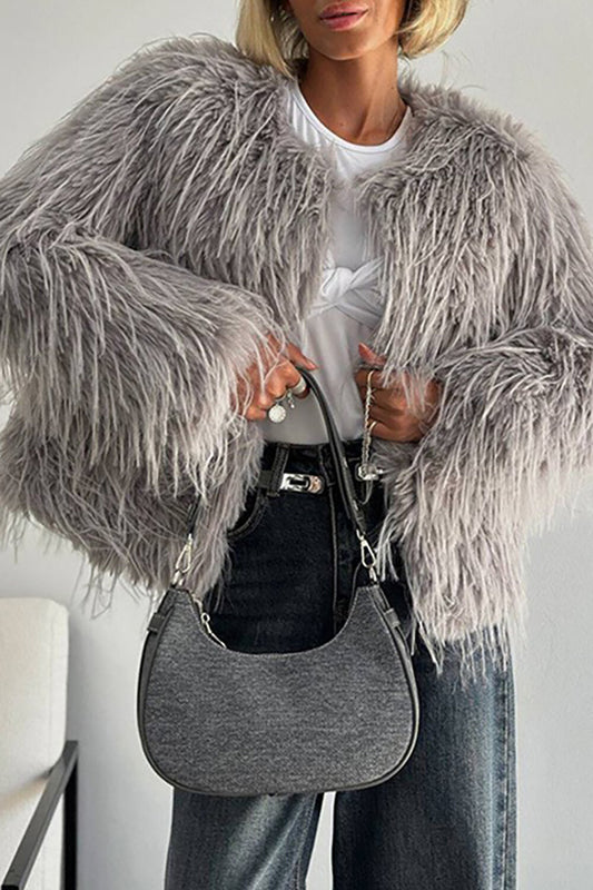 Faux Fur Round Neck Long Sleeve Solid Color Jacket-Grey
