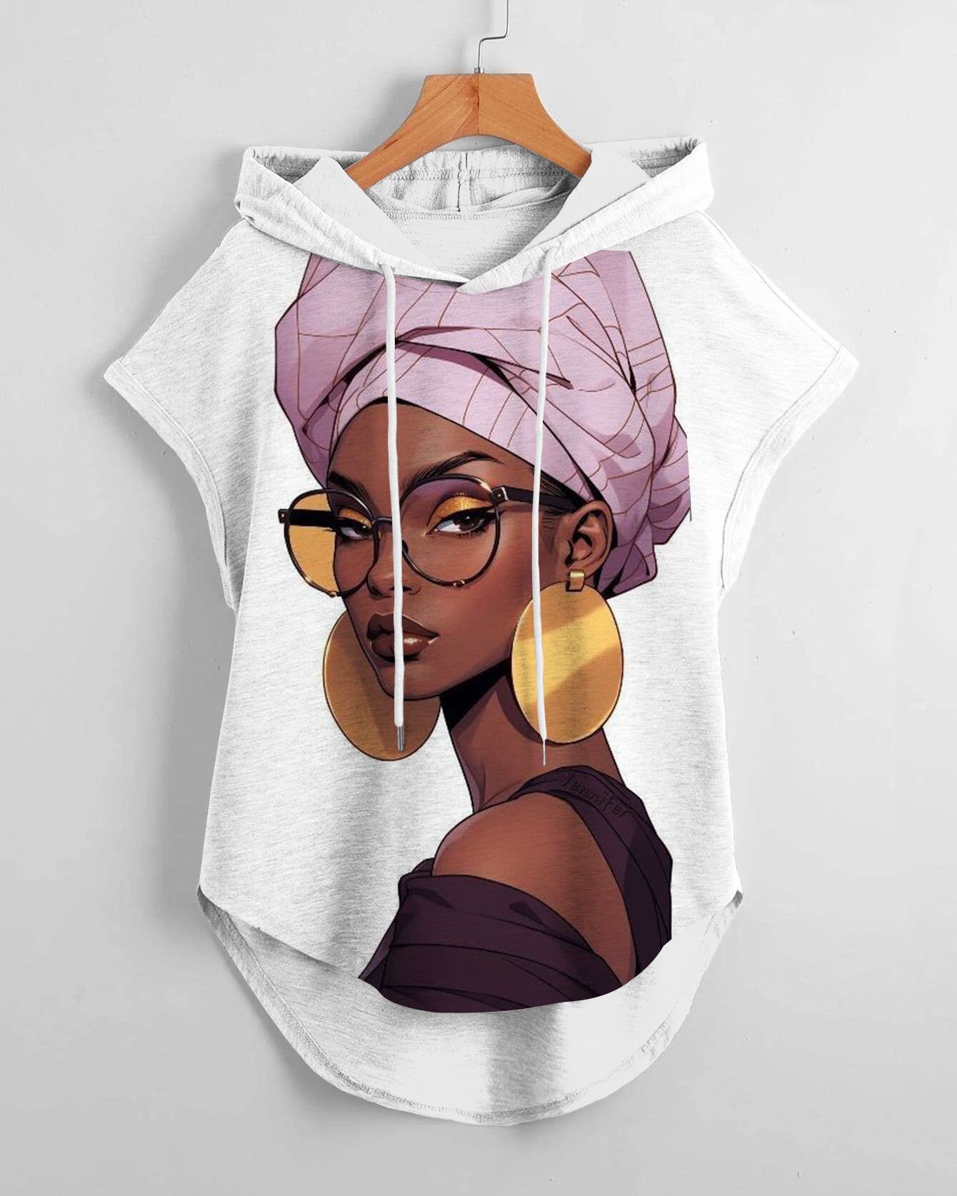 African Headscarf Girl Low Hem Drawstring Hooded Tee