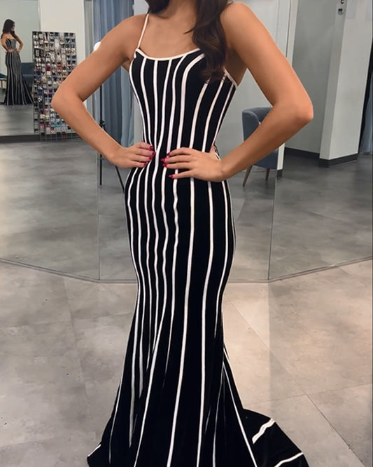 Black And White Striped Slim Dress For Women