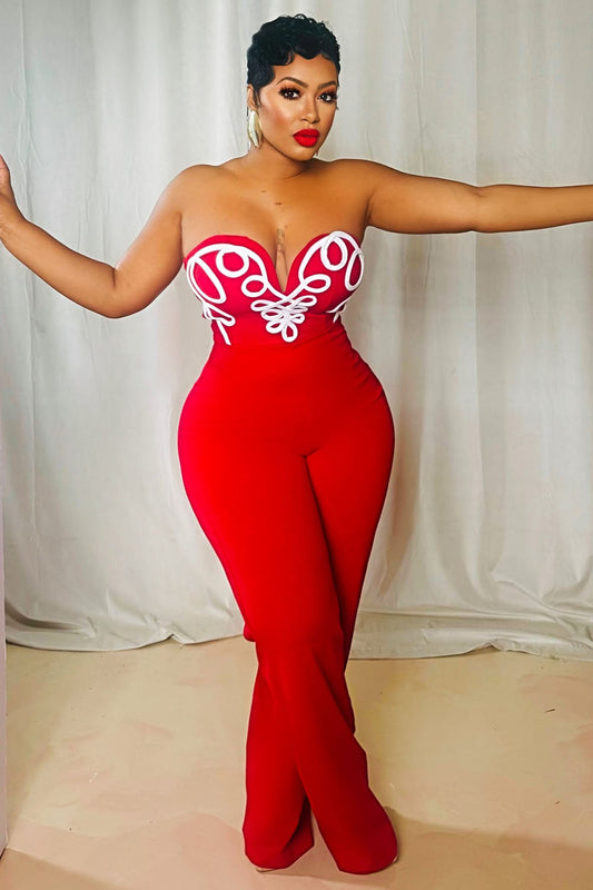 Line Printed Strapless Pinch Waist Party Wide Leg Jumpsuit-Red