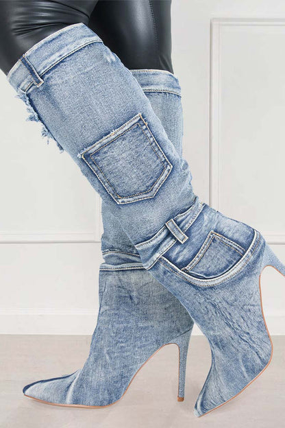 Denim Raw Edge Pointy Toe Stiletto High Leg Boots-Blue