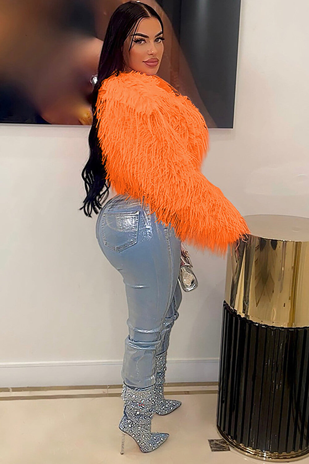 Solid Color Faux Fur Long Sleeve V Neck Crop Coat-Orange