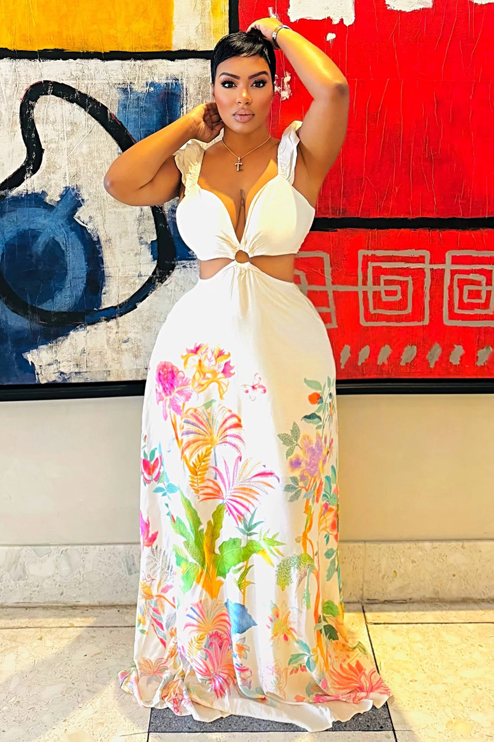 Floral Placement Print Ruffle Cutout Vacay Maxi Dresses-White [Pre Order]