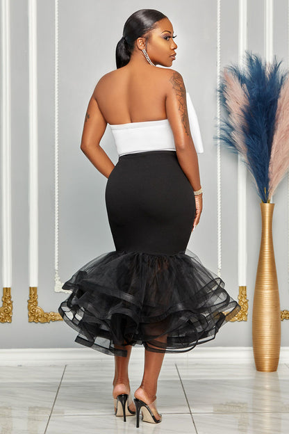 Colorblock Bow Strapless Bodycon Tulle Ruffled Trim Formal Party Matching Sets