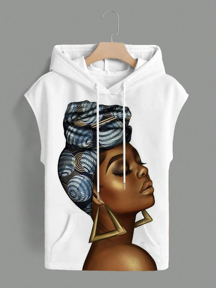 African Headscarf Women Pocket Drawstring Hooded Tee