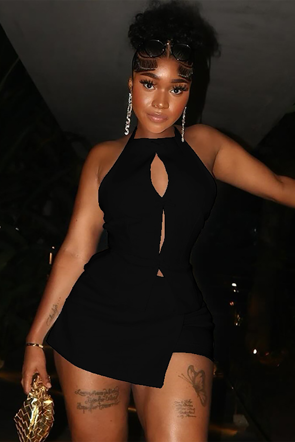 Cutout Sleeveless Halter Neck Top Irregular Mini Skirt 2pcs Set-White