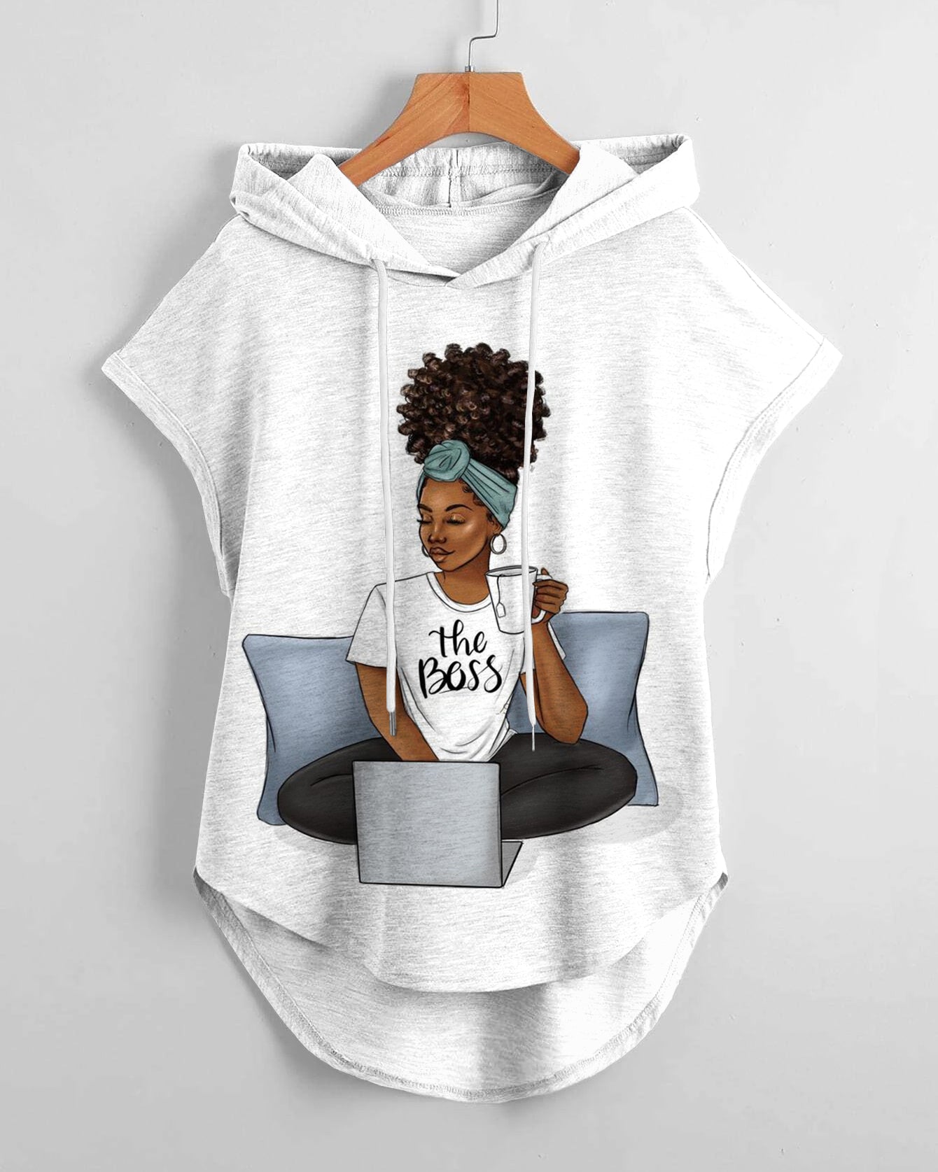 The Boss Brown Girl Hem Drawstring Hooded Tee