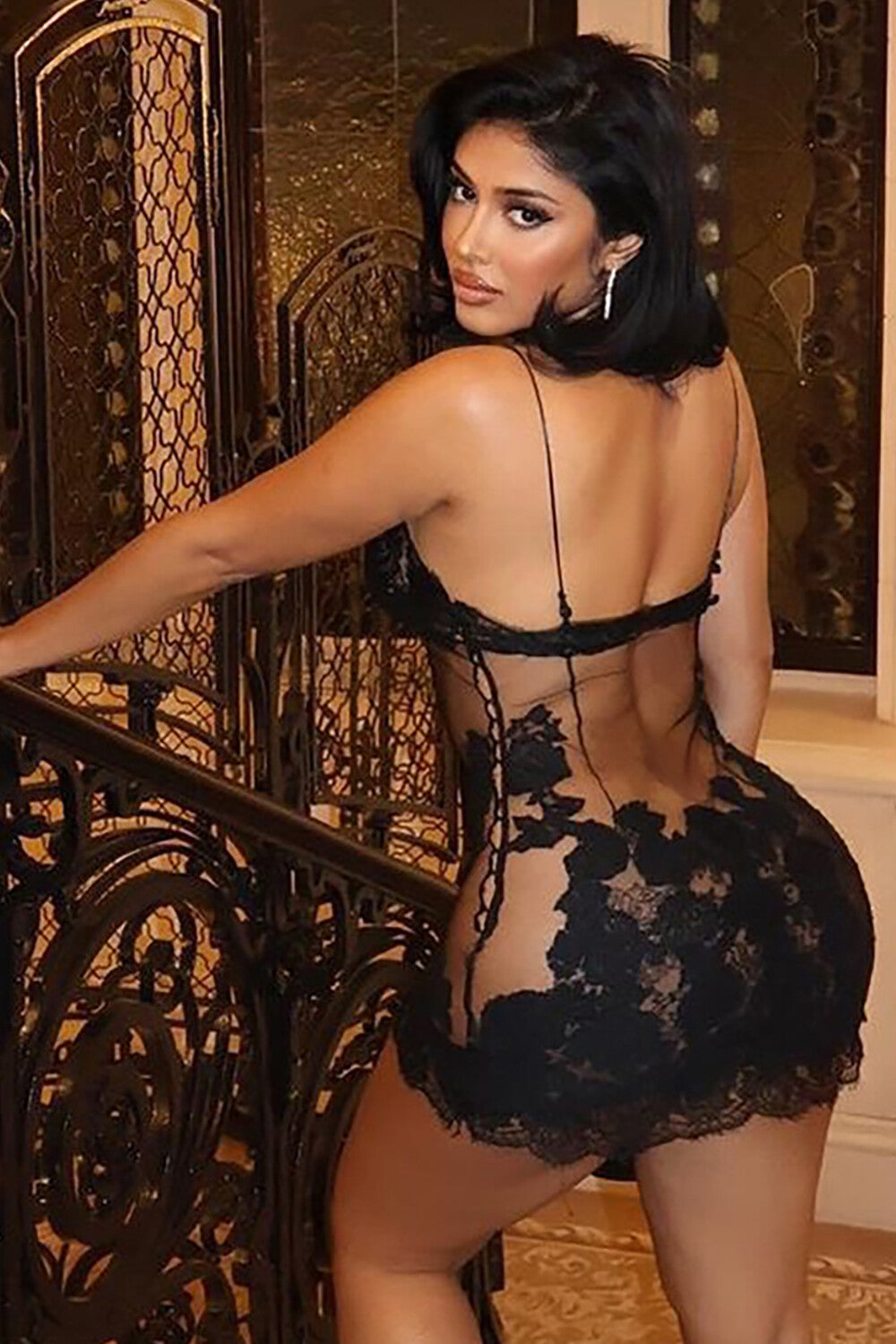 Floral Lace Mesh Patchwork See Through Slim Fit Slip Mini Dresses-Black
