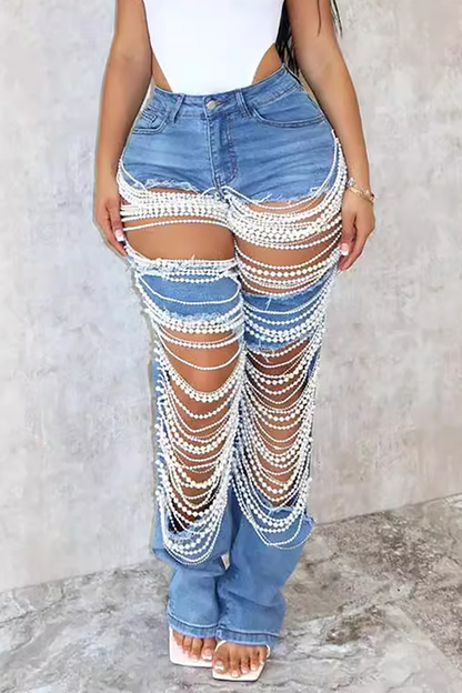 Denim Straight Leg Ripped Pearls Beads Chain Decor Jeans-Blue