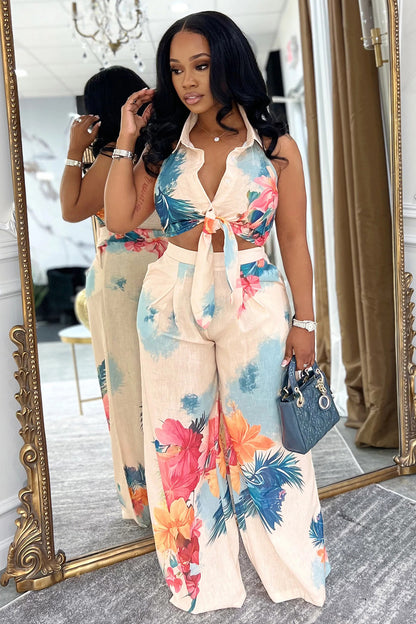 Floral Placement Print Knotted Top Wide Leg Pants 2pcs Set-Beige [Pre Order]
