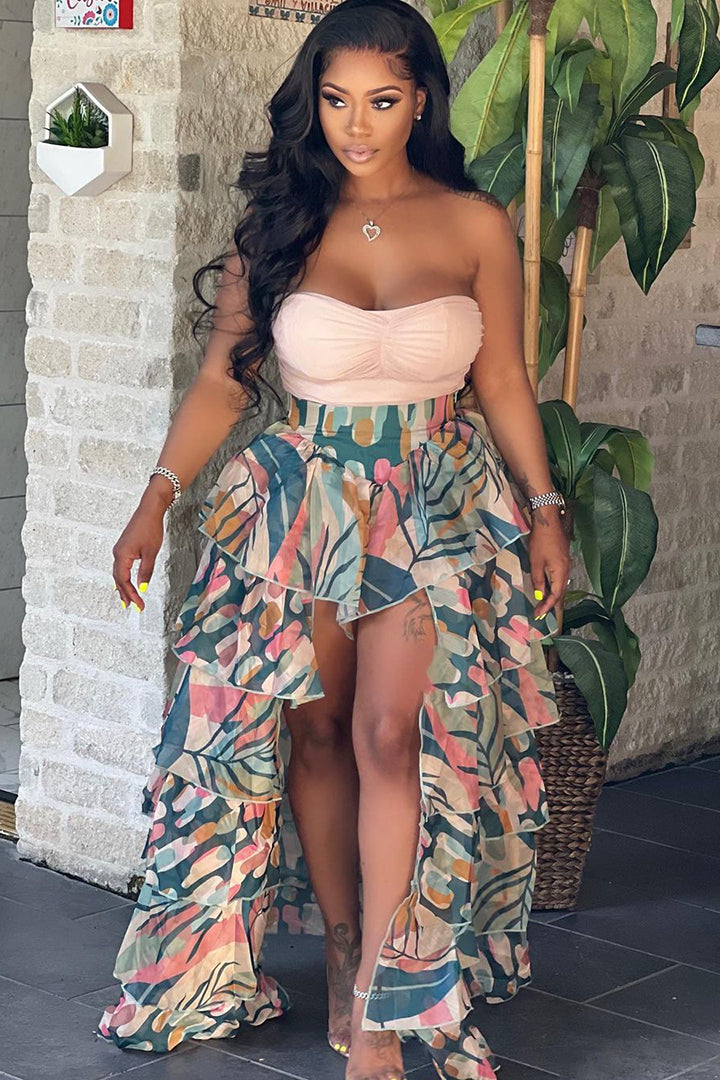 Animal Print Multi Layered Tulle Slit Skirt