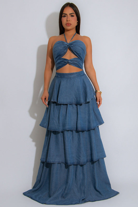 Halter Gathered Cutout Layered Denim Vacation Maxi Dresses-Blue [Pre Order]