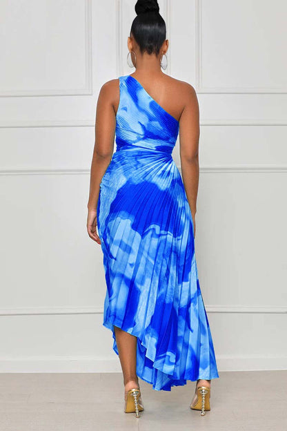 One Shoulder Sleeveless Print Cut Out Pleated Hem Maxi Dress