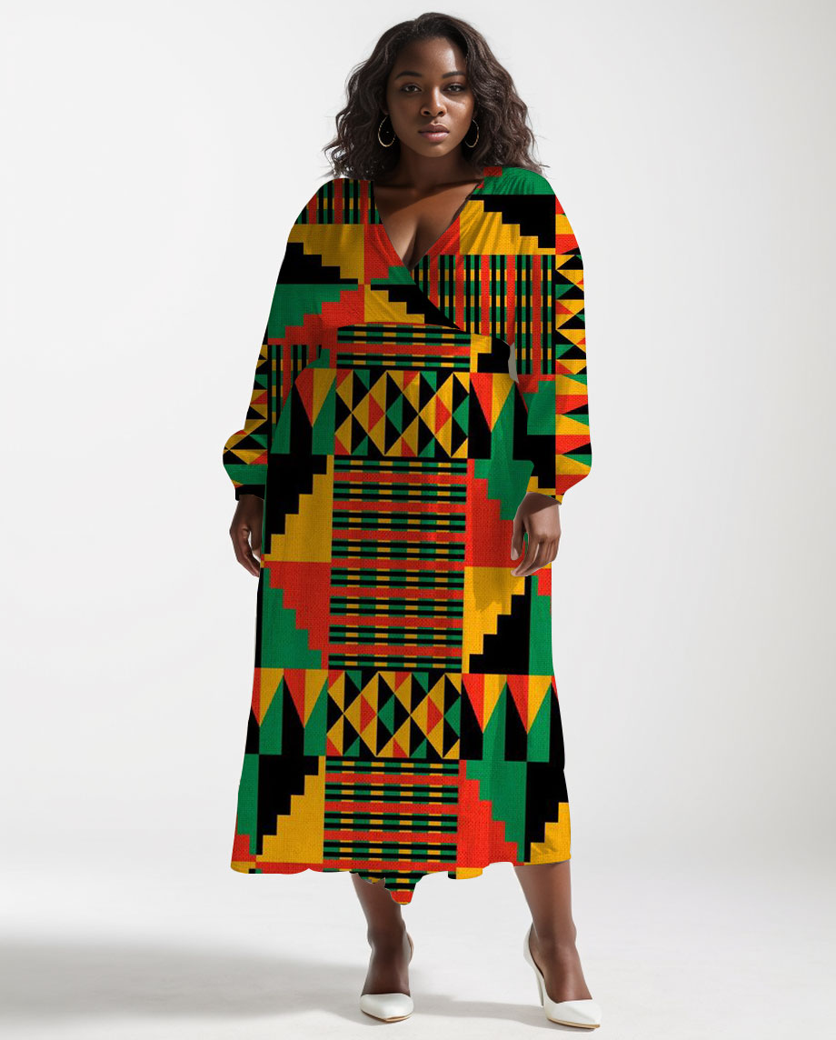 Women's Elegant Colorblock Geometry Print Wrap Midi Dress