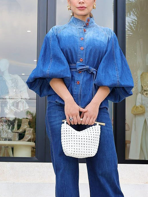 Retro Lace-up Waist-controlled Stand-up Collar Puff Sleeve Denim Top
