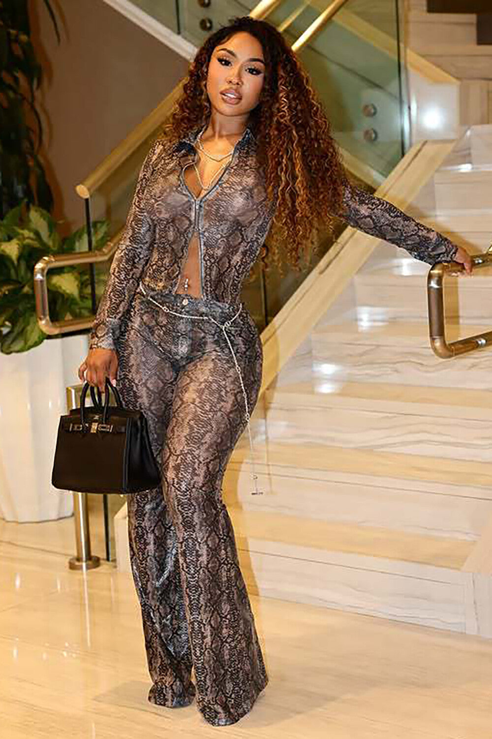 Snake Print Long Sleeve Button Up Blouse Semi Sheer Pants 2pcs Set-Grey