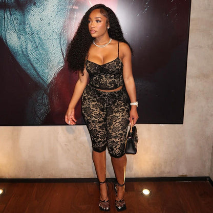 Sexy Lace See-through Suspender Top Hip Lifting Casual Pants Two-Piece Set