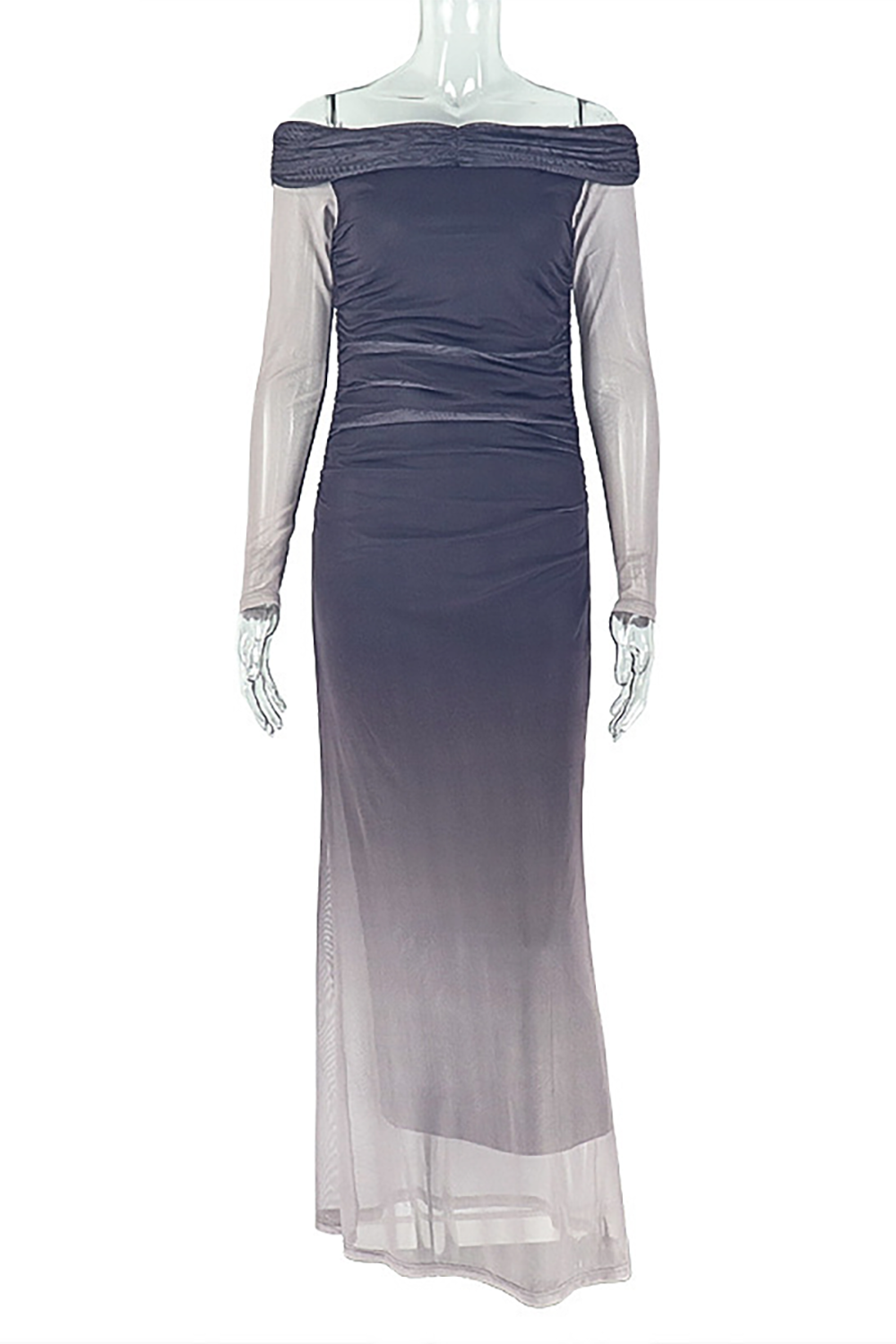 Off Shoulder Sheer Long Sleeve Ombre Color Bodycon Maxi Dresses-Brown