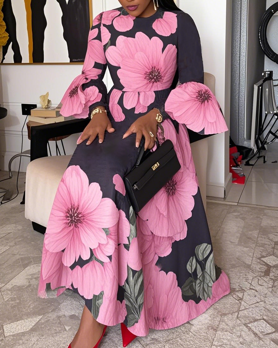 Women Fashion Elegant Formal Round Neck 3/4 Sleeves Floral Pattern Maxi Dress