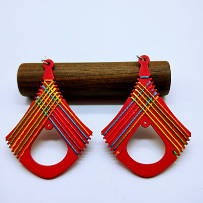 Simple retro wood wrapped with thread, wooden diamond shaped hollow geometric earrings