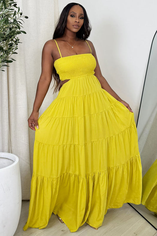 Ruched Cutout Waist Tiered Vacation Cami Maxi Dresses-Yellow [Pre Order]