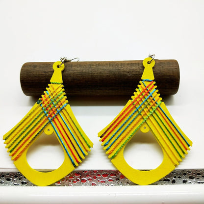 Simple retro wood wrapped with thread, wooden diamond shaped hollow geometric earrings