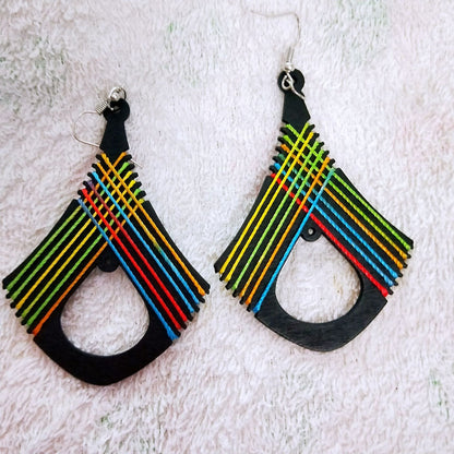 Simple retro wood wrapped with thread, wooden diamond shaped hollow geometric earrings