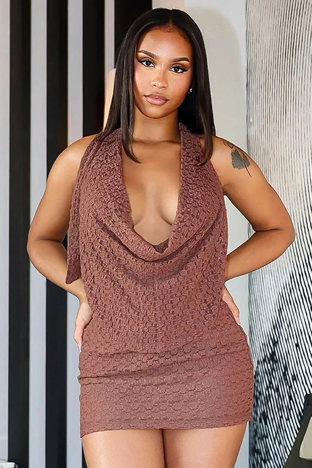 Jacquard Lace Cowl Neckline Halter Top Bodycon Mini Skirt 2pcs Set-White