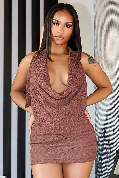 Jacquard Lace Cowl Neckline Halter Top Bodycon Mini Skirt 2pcs Set-White