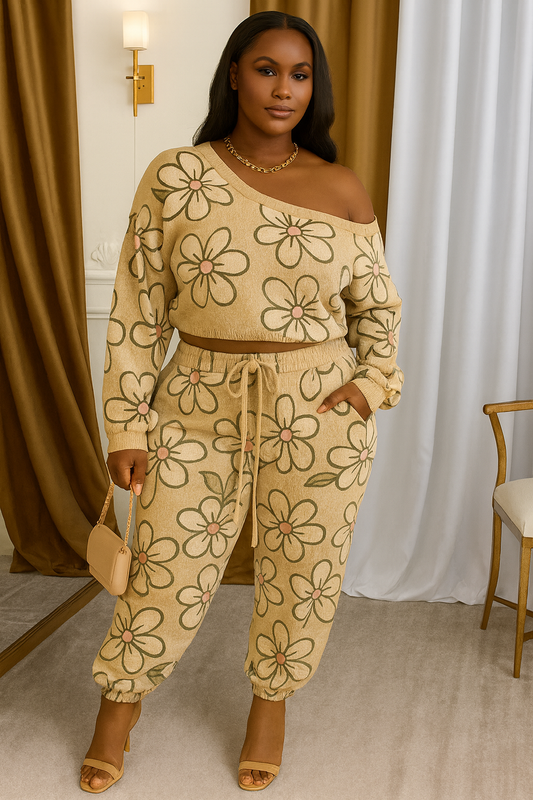 Long Sleeve Shoulder Print Casual Two-Piece Suit