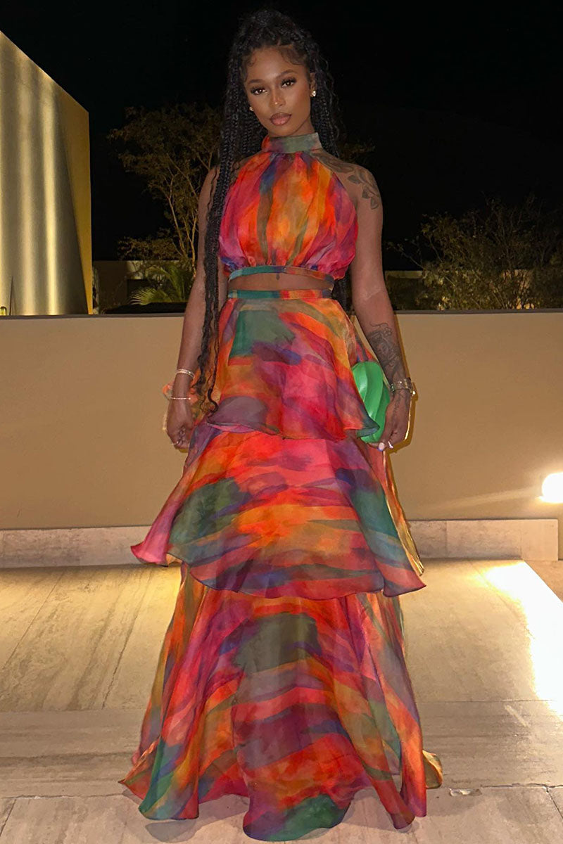 Multicolor Print Halter Layered Maxi Skirt Prom Two Piece Set