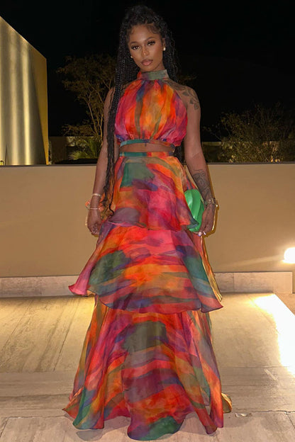 Multicolor Print Halter Layered Maxi Skirt Prom Two Piece Set