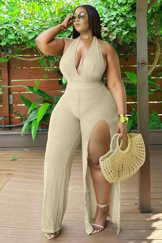 Solid Color Textured Knit Deep V Neck Halter Slit Jumpsuit-Beige
