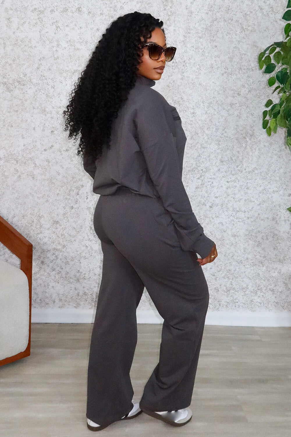 Zips Patchwork Sweatshirt Solid Color Pants 2pcs Set-Green