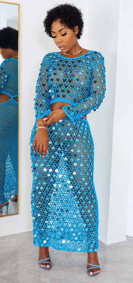 Crochet Sequins Cover Up Long Sleeve Cut Out Maxi Dresses