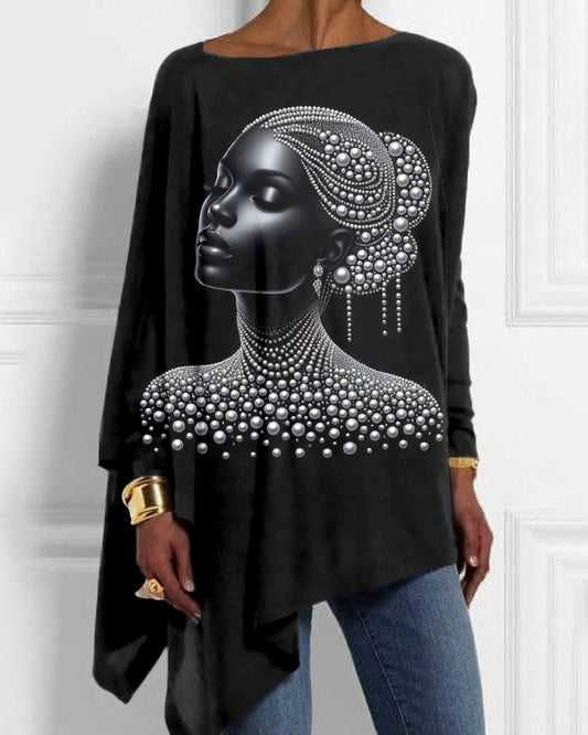 Black Pearl Girl Art Print Off-shoulder Irregular Top