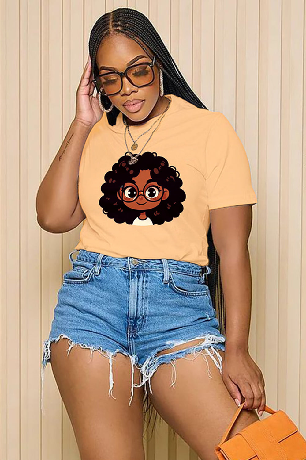 LORAGAL Glasses Black Girl Cartoon Print Short Sleeve Casual T-Shirt-Orange