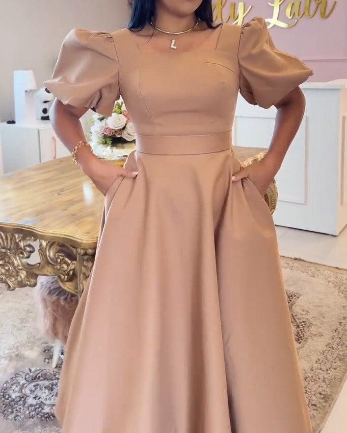 Women Summer Formal Elegant Square Neck Short Sleeve A-Line Midi Dress