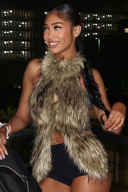 Faux Fur Halter Sleeveless Front Slit Furry Top-Brown