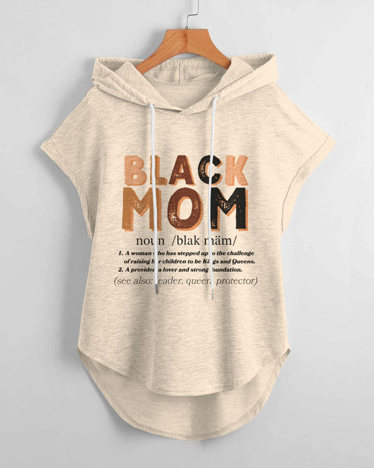 Black Mom Hem Drawstring Hooded Tee