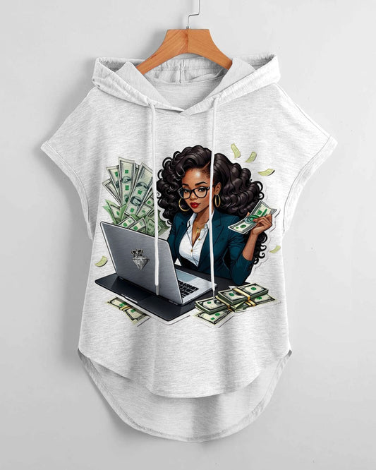 Business Lady Print Drawstring Hooded Tee