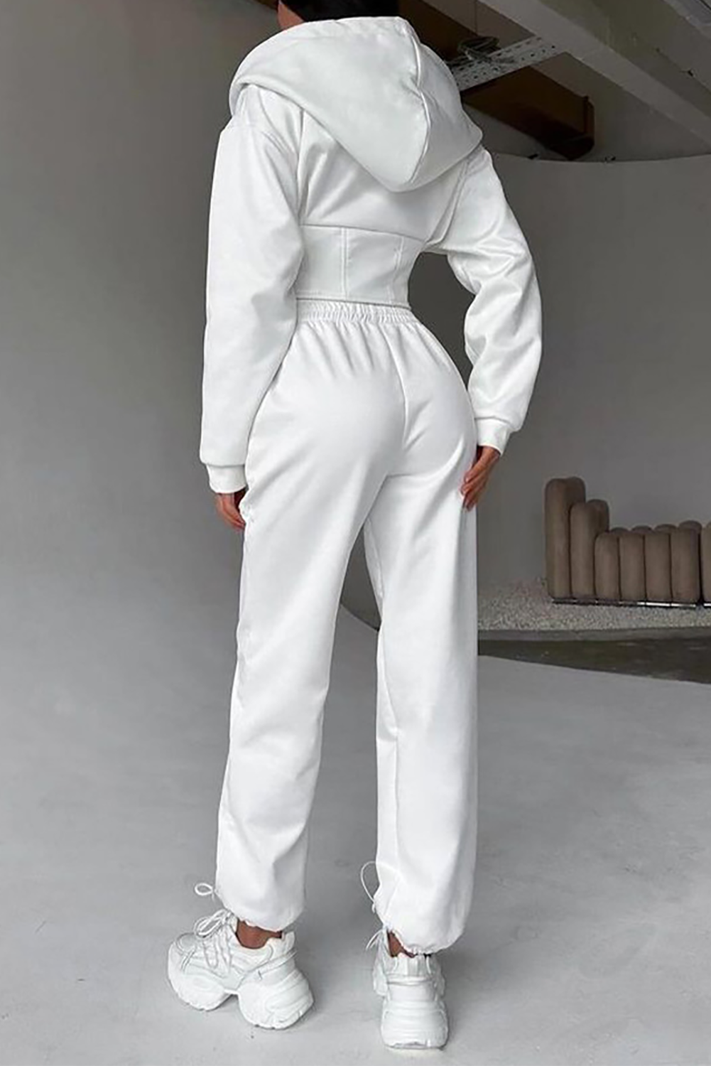 Zip-Up Cinch Waist Hooded Track Jacket Solid Color Pants 2pcs Set-White